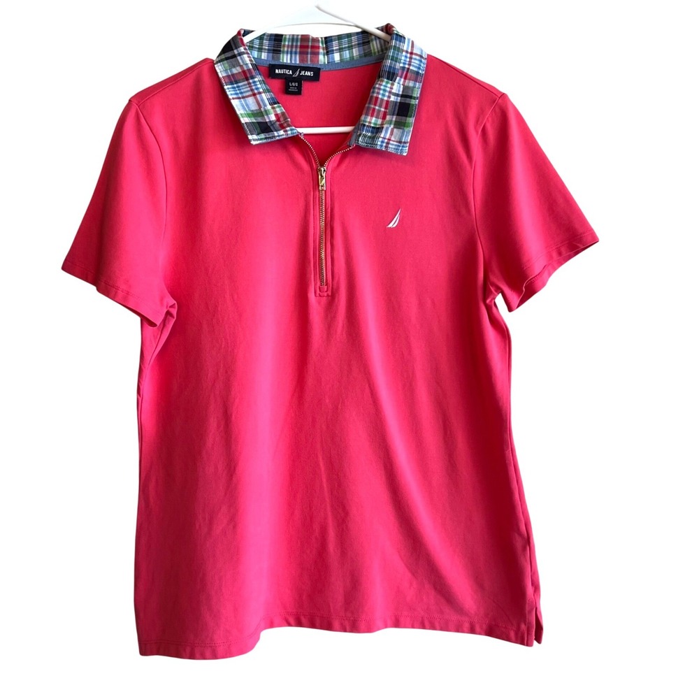Nautica Jeans Pink Short Sleeve Quarter Zip Polo Shirt Plaid Collar Large